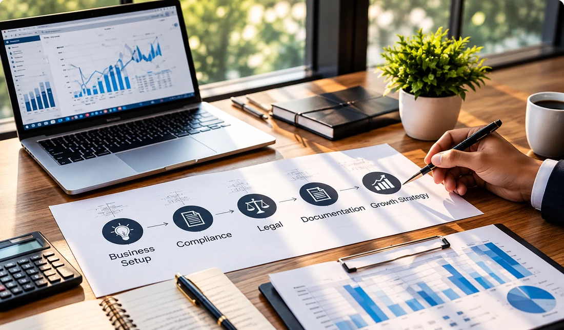 Business planning desk with a laptop, charts and a roadmap covering business setup, compliance, legal documentation and growth strategy