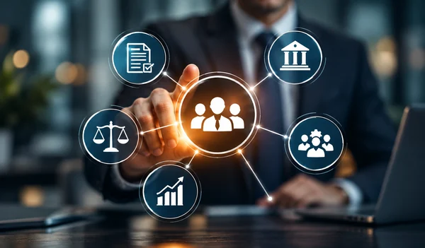 Illustration of professionals connected with legal, documentation, business and growth expertise