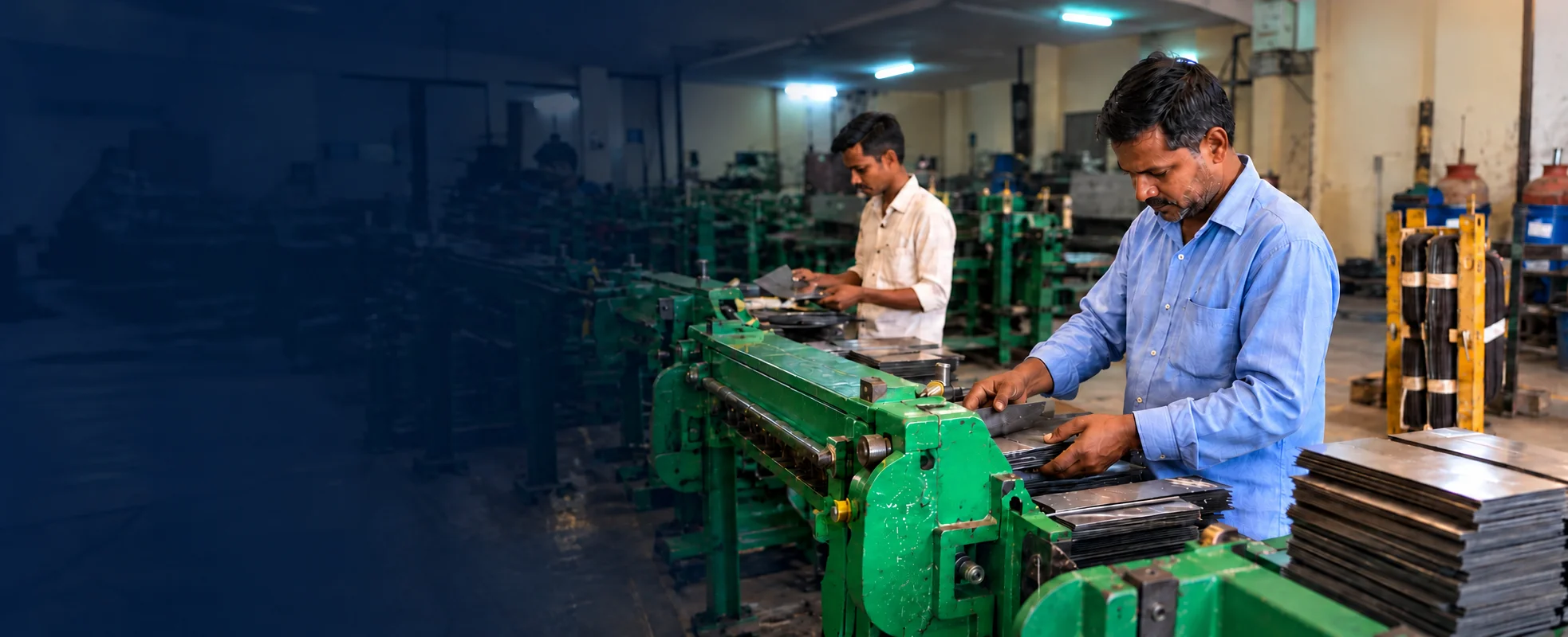 Nexus Fabrication workers operating green transformer core cutting machinery in the workshop
