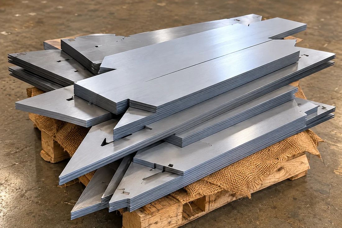 Precision-cut CRGO steel laminations stacked on a wooden pallet