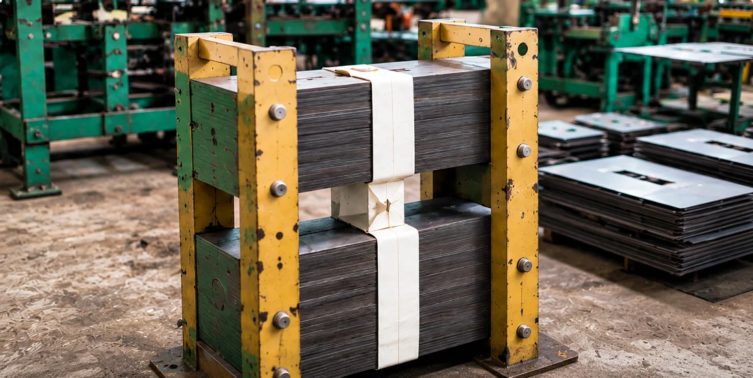 Stacked transformer core secured in a yellow frame at the fabrication workshop