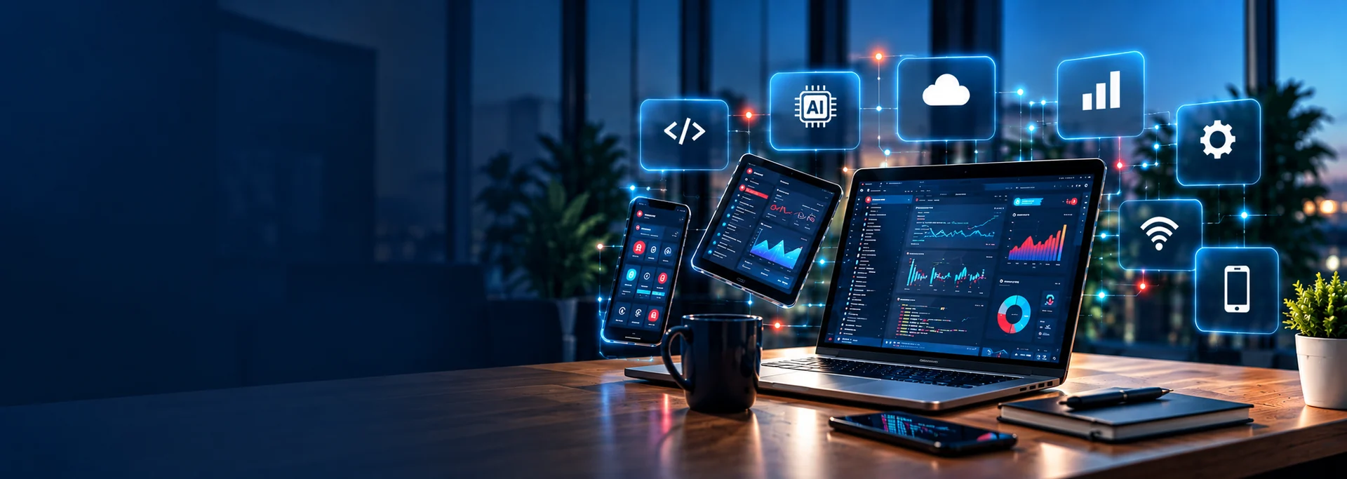 Connected technology dashboards on a laptop, tablet and phone, with web, AI, cloud, CRM, ERP, IoT and mobile application symbols