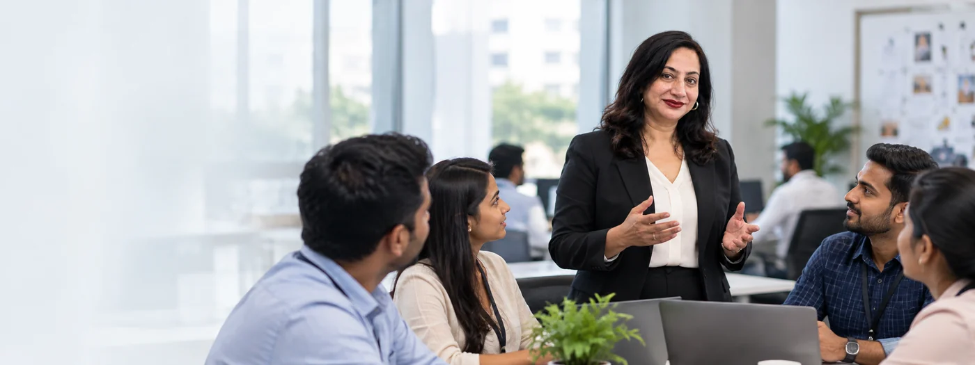 A manager discussing work with her team